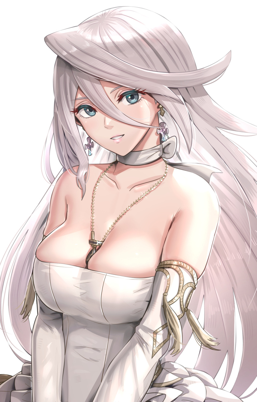 bare_shoulders between_breasts breasts choker cleavage collarbone commentary dress earrings elbow_gloves female gloves gonzarez grey_eyes grin hair_between_eyes head_tilt highres jewelry kanan_(the_last_story) large_breasts long_hair looking_at_viewer parted_lips pendant simple_background smile solo strapless strapless_dress the_last_story upper_body very_long_hair white_background white_choker white_dress white_gloves white_hair