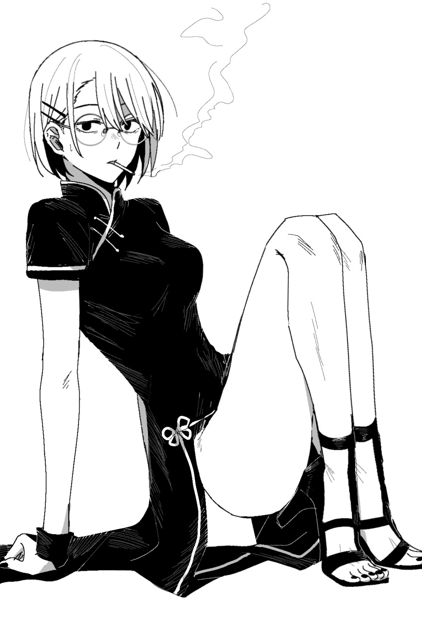 bad_id bad_pixiv_id china_dress chinese_clothes cigarette dress erii_(user_ette8224) female greyscale highres looking_at_viewer monochrome round_eyewear short_hair simple_background smoke smoking solo uguisu_anko yofukashi_no_uta