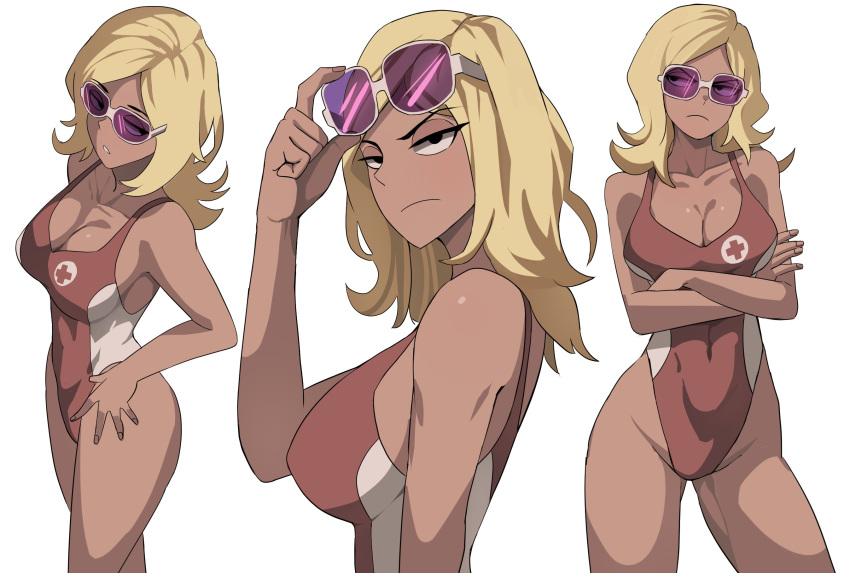 blonde_hair breasts closed_mouth commentary female highres holding holding_removed_eyewear jourd4n kick_buttowski lifeguard multiple_views one-piece_swimsuit pink-tinted_eyewear purple-tinted_eyewear red_one-piece_swimsuit shannon_(kick_buttowski) sunglasses swimsuit tan tinted_eyewear unworn_eyewear