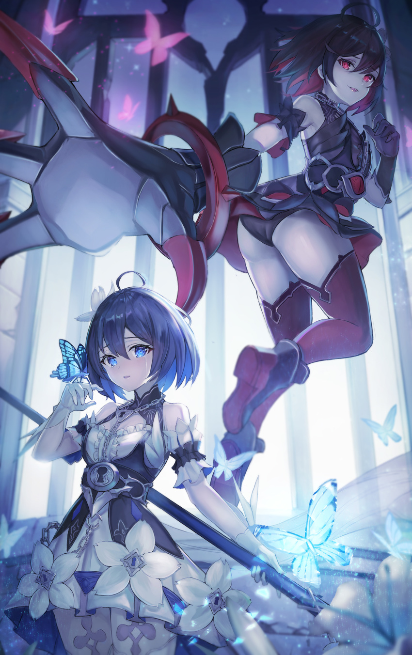 ahoge ass asymmetrical_gloves bad_id bad_pixiv_id black_gloves black_hair black_panties blue_butterfly blue_eyes breasts bug butterfly crying crying_with_eyes_open frills gloves hair_between_eyes highres holding holding_scythe holding_weapon honkai_(series) honkai_impact_3rd keyhole lock panties red_butterfly red_eyes sachi_(160332) scythe seele_(alter_ego) seele_vollerei seele_vollerei_(stygian_nymph) short_hair small_breasts standing tears twisted_torso underwear uneven_gloves weapon white_gloves