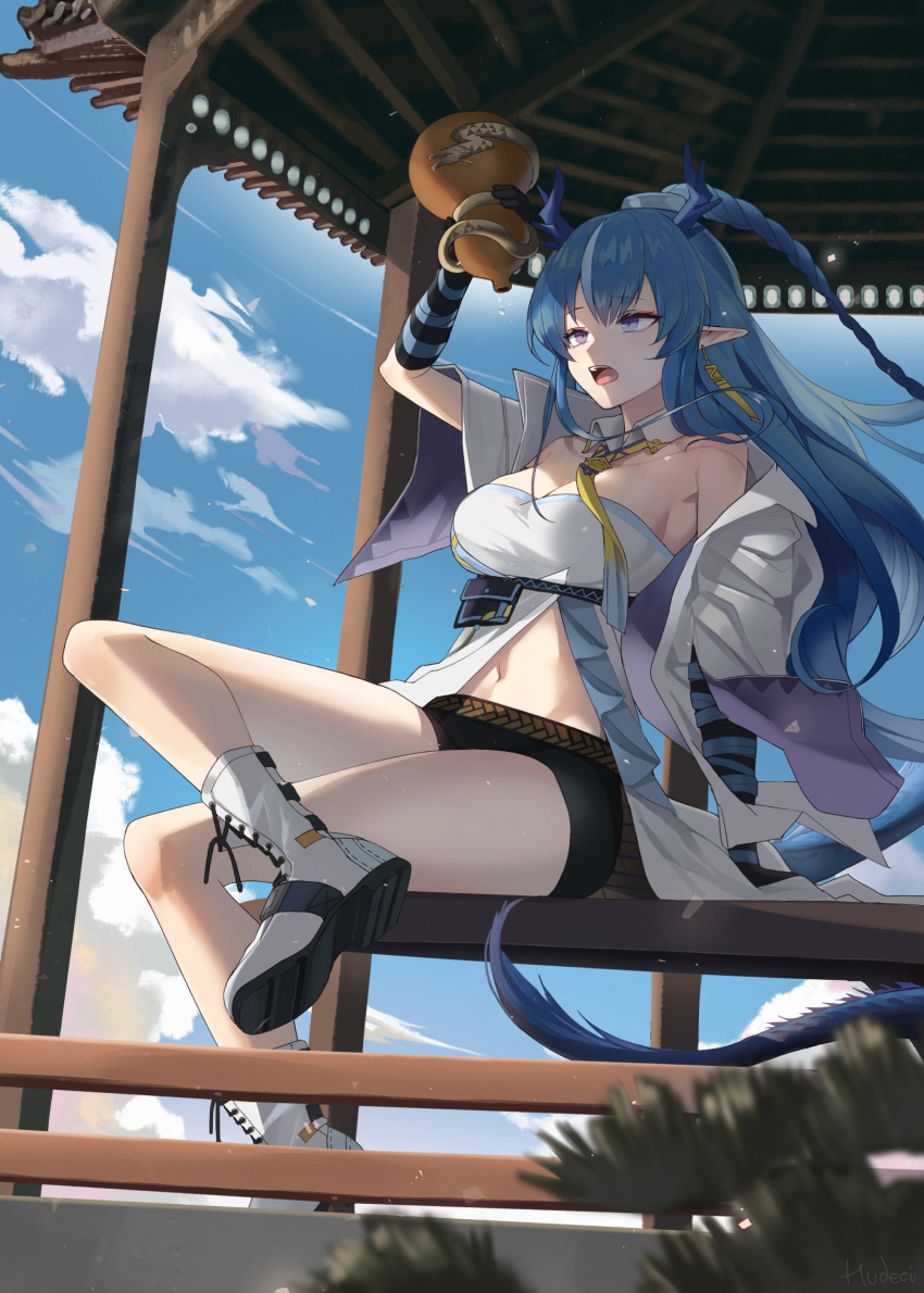 absurdres ankle_boots arknights bare_shoulders beruko14 blue_eyes blue_hair boots breasts commentary detached_collar dragon_girl dragon_horns dragon_tail female full_body highres horns jug_(bottle) large_breasts ling_(arknights) long_hair long_sleeves navel necktie off_shoulder open_mouth outdoors pavilion pointy_ears revision shirt sitting solo stomach strapless strapless_shirt tail thighs white_footwear white_shirt yellow_necktie