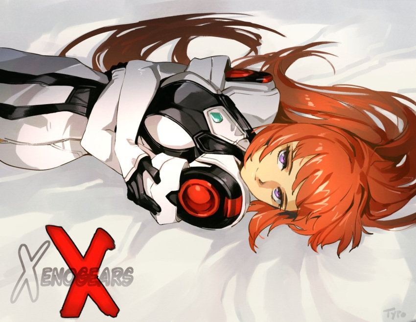 arms_under_breasts black_gloves brown_eyes commentary copyright_name crossed_arms elhaym_van_houten english_commentary female gloves hair_spread_out looking_at_viewer lying on_back optionaltypo pilot_suit purple_eyes science_fiction smile solo xenogears