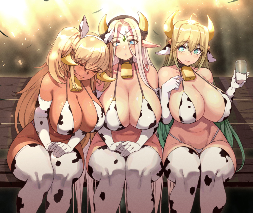 3girls ahoge animal_ears animal_print bare_shoulders bell bikini blonde_hair blue_eyes breasts carcass_(artist) cerestia_of_life cleavage closed_eyes collarbone cow_ears cow_horns cow_print cow_print_bikini cup dark-skinned_female dark_elven_forest_ranger dark_skin drinking_glass elbow_gloves elf elven_forest_maker fake_animal_ears fake_horns gloves gradient_hair green_hair holding holding_cup horns huge_breasts korean_commentary last_origin light_smile long_hair looking_at_viewer md5_mismatch milk multicolored_hair multiple_girls neck_bell official_alternate_costume pointy_ears print_bikini sitting swimsuit thighhighs very_long_hair white_bikini white_gloves white_hair white_thighhighs