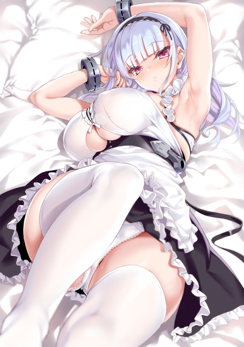 absurdres apron armpits arms_up azur_lane bare_shoulders bed_sheet black_hairband blush breasts center_frills cle_masahiro clothing_cutout commentary_request convenient_leg covered_nipples cuffs dido_(azur_lane) earrings fantia_reward female frilled_apron frills grey_hair hairband heart heart_earrings highres jewelry lace-trimmed_hairband lace_trim large_breasts long_hair looking_at_viewer lying maid_apron medium_hair on_back paid_reward panties parted_lips pillow purple_eyes shirt sleeveless sleeveless_shirt solo sweat thighhighs thighs underboob underboob_cutout underwear waist_apron white_apron white_panties white_thighhighs