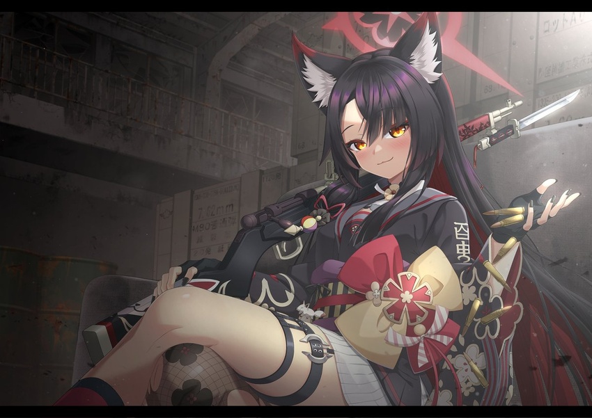 :3 animal_ear_fluff animal_ears arisaka bayonet black_hair black_nails blue_archive blush bolt_action bullet commentary crate crossed_legs drum_(container) feet_out_of_frame female fox_ears gun halo japanese_clothes kido_airaku over_shoulder rifle solo thigh_strap wakamo_(blue_archive) weapon weapon_over_shoulder yellow_eyes