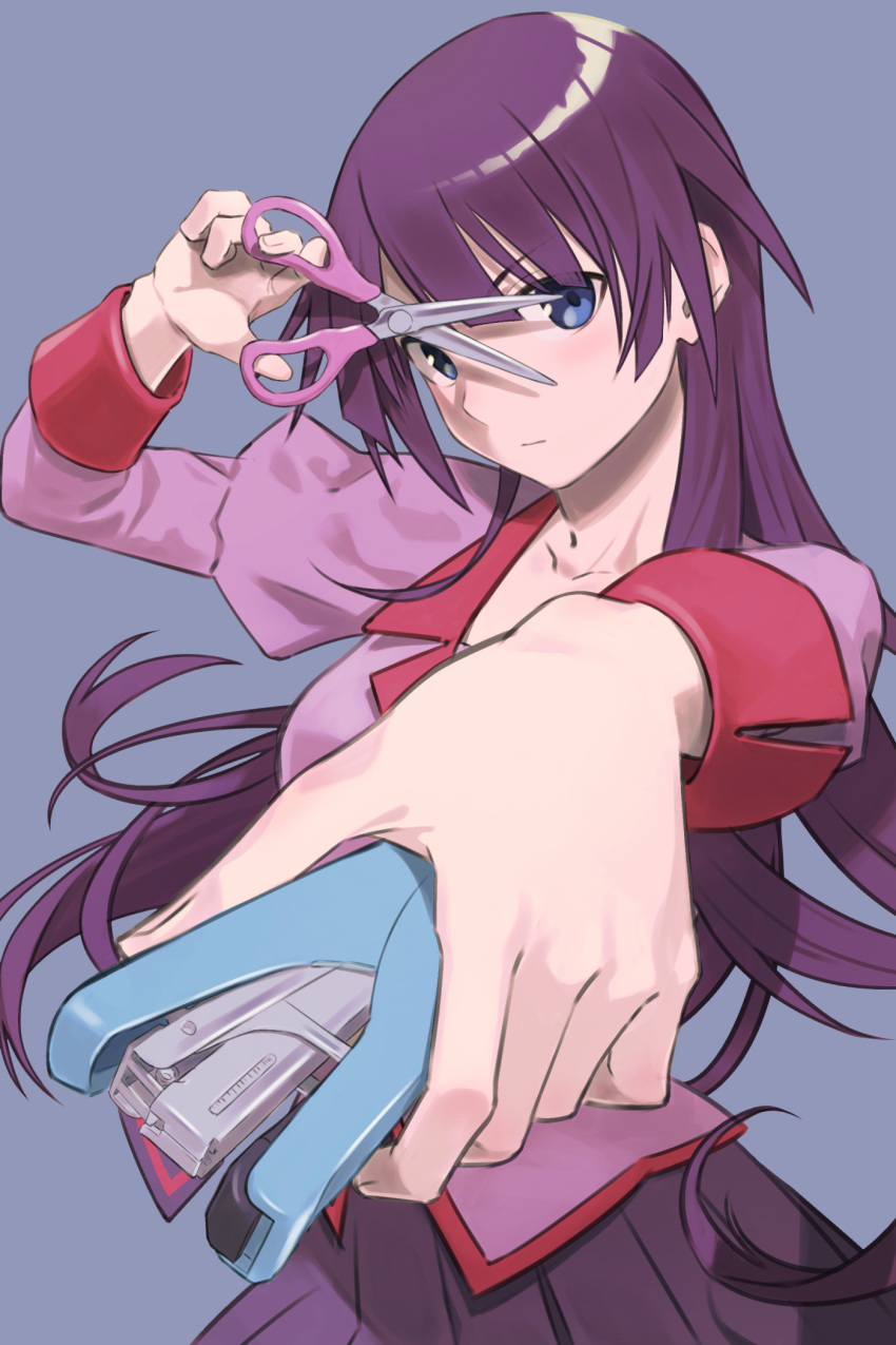 bakemonogatari blue_background blue_eyes blunt_bangs blunt_ends breasts closed_mouth collarbone commentary contrapposto cowboy_shot expressionless female flipped_hair foreshortening hand_up highres holding holding_scissors juliet_sleeves light_blush long_hair long_sleeves looking_at_viewer medium_breasts monogatari_(series) naoetsu_high_school_uniform pink_shirt pleated_skirt puffy_sleeves purple_hair purple_skirt school_uniform scissors senjougahara_hitagi shimizu_tomoki shirt sidelocks simple_background skirt solo stapler very_long_hair