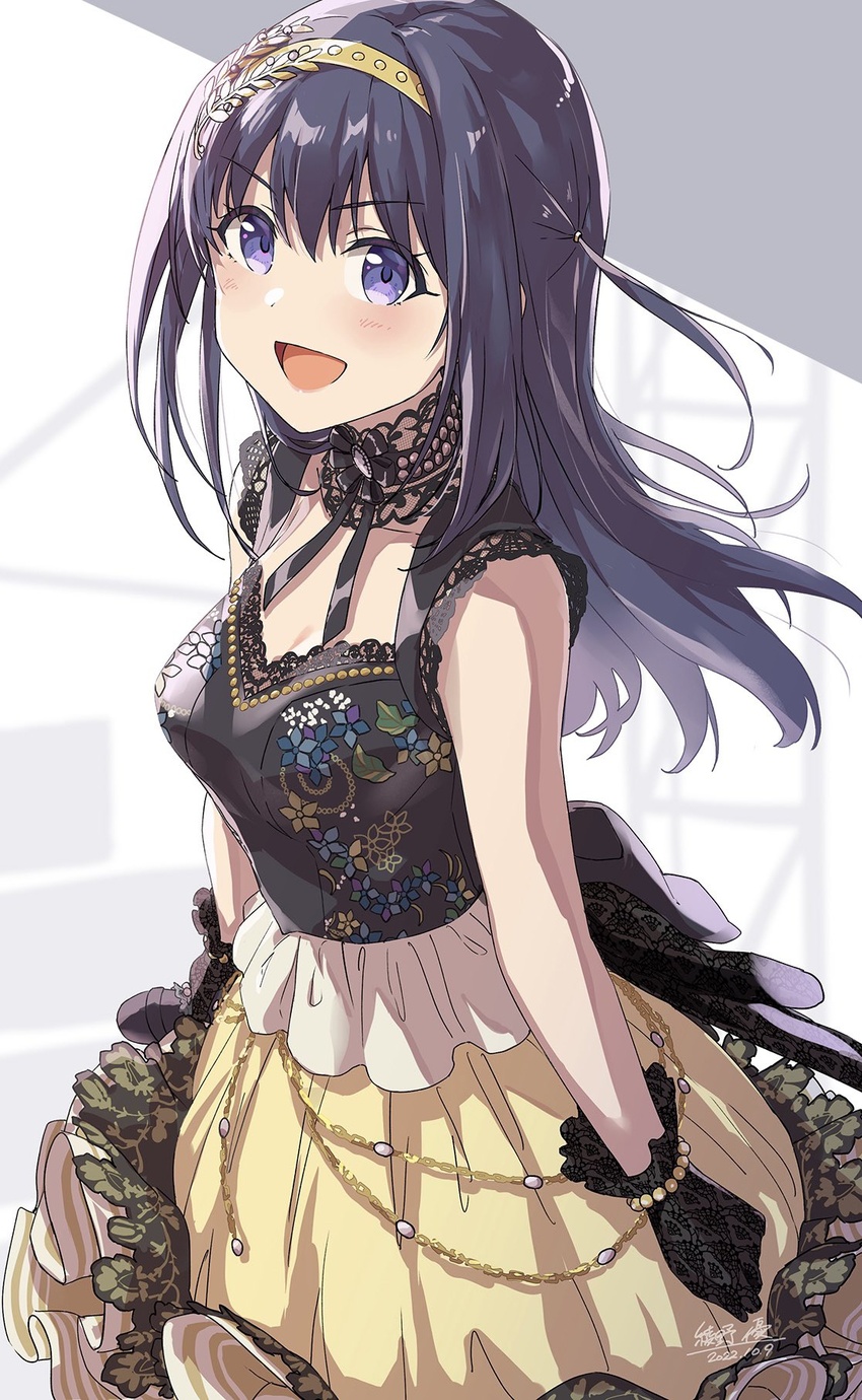 :d ayano_yuu_(sonma_1426) back_bow black_gloves black_hair bow choker dress feet_out_of_frame female floral_print gloves hair_ornament hairband highres idol idoly_pride lace lace_choker long_hair looking_at_viewer nagase_mana open_mouth purple_eyes skirt smile solo yellow_skirt