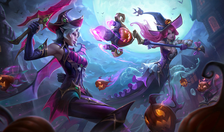 2girls animal bad_source bare_shoulders bat_(animal) bewitching_fiora bewitching_nami bewitching_yuumi breasts building cleavage cloud elbow_gloves feline fiora_(league_of_legends) full_moon gloves grey_hair grey_ribbon hat holding holding_staff holding_weapon house large_breasts league_of_legends leotard long_hair looking_at_viewer medium_breasts mermaid monster_girl moon multiple_girls nami_(league_of_legends) night parted_lips pink_hair pointy_ears pumpkin purple_gloves short_hair smile staff teeth water weapon witch_hat wrist_cuffs yuumi_(league_of_legends)