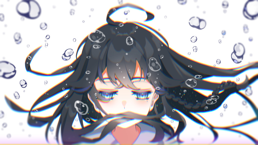 air_bubble bad_id bad_pixiv_id black_hair blue_eyes braid bubble female guitaro_(yabasaki_taro) highres izumo_kasumi_(nijisanji) long_hair mole mole_under_eye nijisanji solo underwater virtual_youtuber white_background