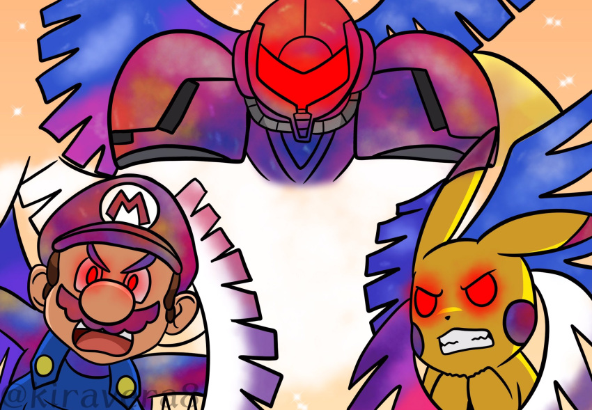 alternate_eye_color alternate_hair_color angry armor assault_visor corruption crossover dark_persona facial_hair galeem glowing glowing_eyes helmet highres kiravera8 long_hair looking_at_viewer mario mario_(series) metroid moustache multicolored_clothes multicolored_hair multicolored_wings open_mouth pikachu pokemon pokemon_(creature) possessed power_armor red_eyes samus_aran super_smash_bros. varia_suit watermark wings