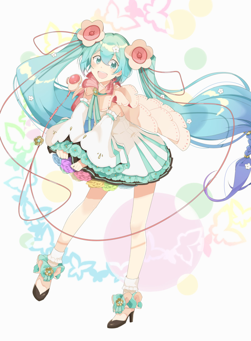 absurdly_long_hair agonasubi aqua_eyes aqua_flower aqua_hair aqua_ribbon black_skirt black_sleeves blue_flower blue_hair bug butterfly butterfly_background cable cape colorful commentary detached_sleeves female flower flower-trimmed_dress flower-trimmed_sleeves flower_underskirt full_body gradient_hair green_flower hair_flower hair_ornament hairclip hatsune_miku high_heels highres jewelry layered_sleeves leaning_forward long_hair looking_at_viewer magical_mirai_(vocaloid) magical_mirai_miku magical_mirai_miku_(2021) medallion microphone miniskirt multicolored_hair neck_ribbon open_mouth pendant pleated_skirt purple_flower rainbow_order red_flower ribbon shirt skirt sleeveless sleeveless_shirt smile solo twintails very_long_hair vocaloid white_background white_flower white_shirt white_sleeves yellow_flower