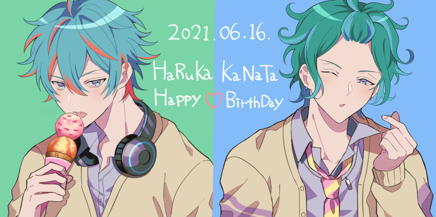 2boys birthday blue_background blue_eyes blue_hair brothers character_name collared_shirt commentary_request dated english_text finger_heart food from_argonavis green_background green_hair happy_birthday headphones headphones_around_neck highres ice_cream ice_cream_cone male_focus mugen25 multicolored_hair multiple_boys necktie nijou_haruka nijou_kanata one_eye_closed orange_hair school_uniform shirt siblings split streaked_hair sweater twins