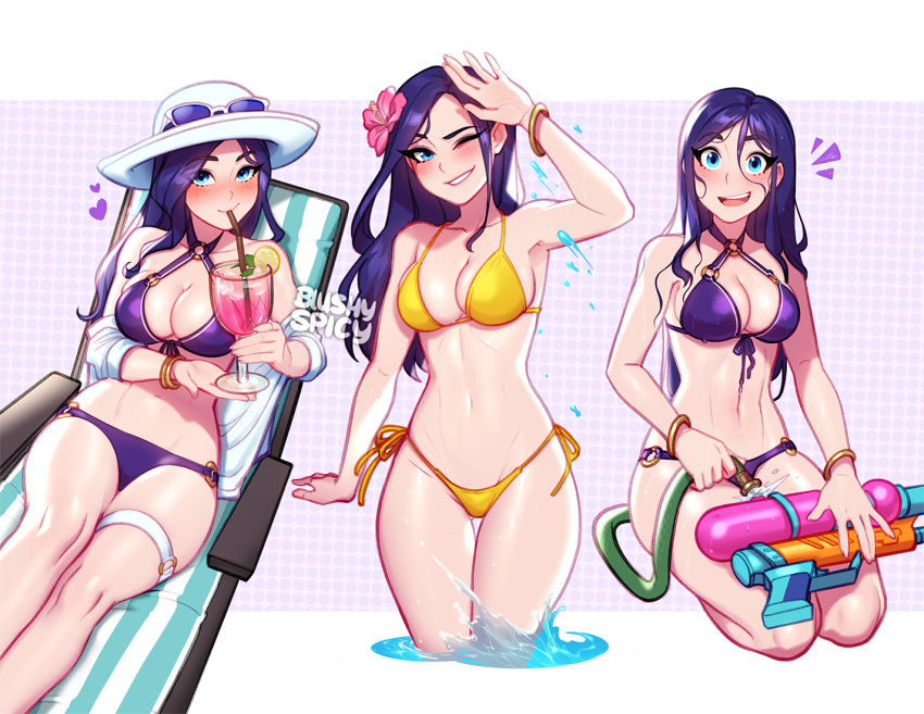 alternate_costume bikini blush blushyspicy bracelet breasts caitlyn_(league_of_legends) cleavage commentary eyewear_on_headwear female flower hair_flower hair_ornament hat jewelry large_breasts league_of_legends long_hair looking_at_viewer lying multiple_views pink_flower pool_party_caitlyn purple_bikini sitting smile standing sun_hat sunglasses swimsuit water water_gun yellow_bikini