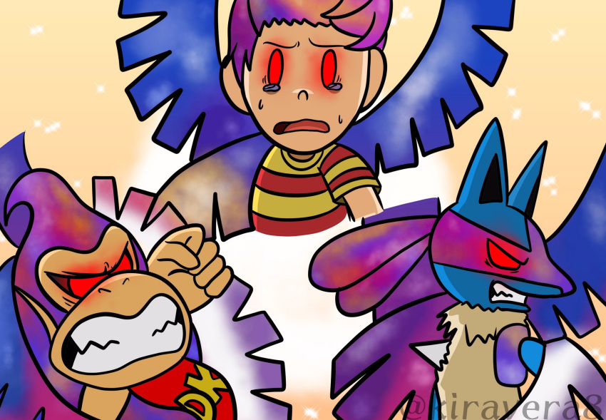 alternate_eye_color alternate_hair_color angry corruption crossover dark_persona donkey_kong donkey_kong_(series) galeem glowing glowing_eyes highres kiravera8 long_hair looking_at_viewer lucario lucas_(mother_3) mother_(game) mother_3 multicolored_hair multicolored_wings open_mouth pokemon pokemon_(creature) possessed red_eyes sad super_smash_bros. tears watermark wings