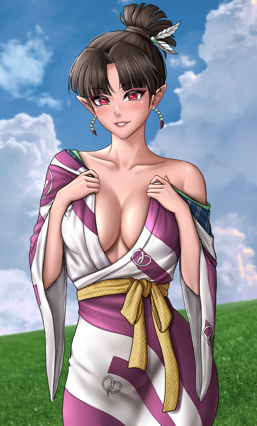 absurdres baileymcpatty black_hair breasts cleavage commission commissioner_upload earrings feather_hair_ornament feathers female hair_bun hair_ornament highres inuyasha japanese_clothes jewelry kagura_(inuyasha) kimono large_breasts non-web_source outdoors pointy_ears red_eyes solo undressing vgen_commission