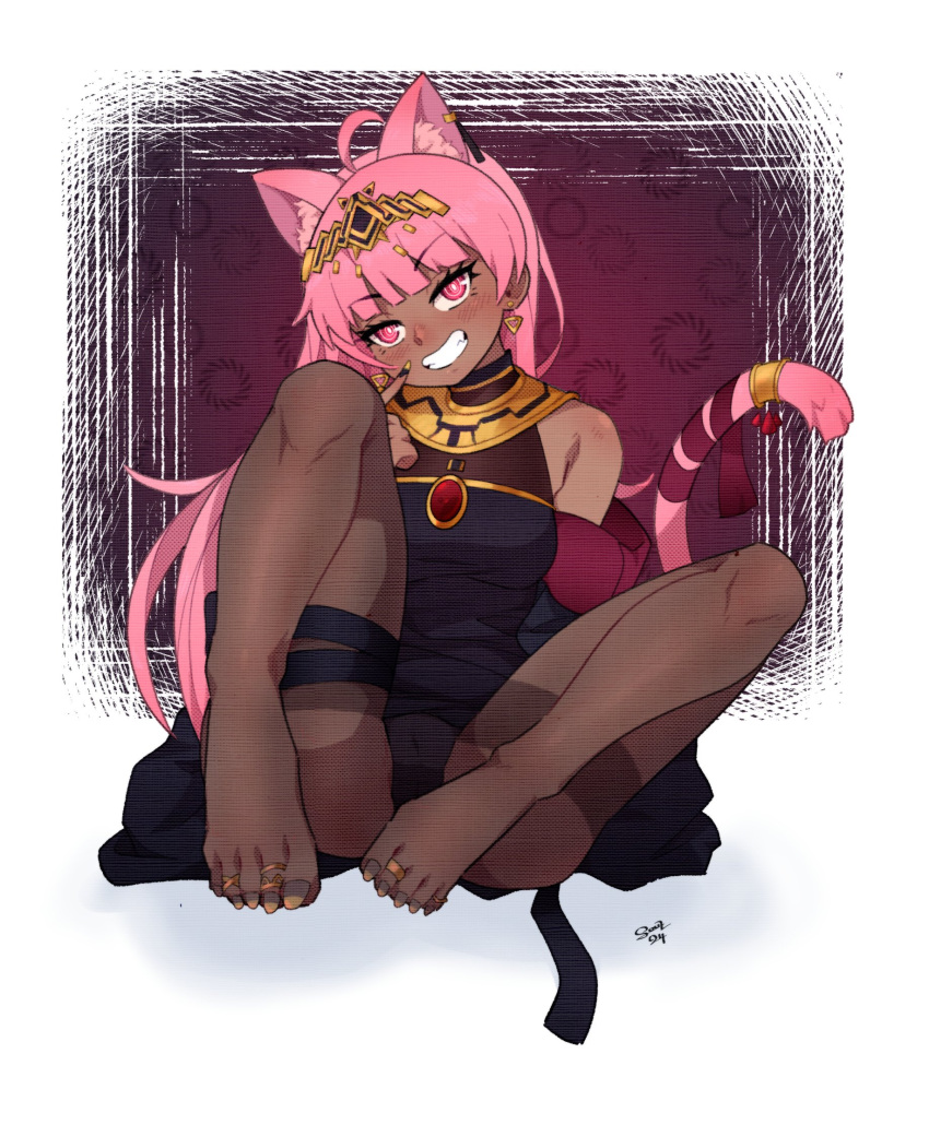 animal_ear_fluff animal_ears bandaged_tail bandages bare_legs bare_shoulders barefoot black_dress black_jacket black_nails black_pantyhose blunt_bangs blush cat_ears cat_girl cat_tail circlet colored_tips commission commissioner_upload dark-skinned_female dark_skin dress earrings egyptian egyptian_art egyptian_clothes feet female fingersmile foot_focus gold gold_earrings gold_hairband gold_nails gold_necklace grin hairband hieroglyphics highres implied_pantyshot indie_virtual_youtuber isuress_(vtuber) jacket jewelry legs lingerie long_hair long_sleeves looking_at_viewer multicolored_hair nail_polish naughty_face necklace no_shoes on_floor open_clothes open_jacket ornate oversized_jacket panties pantyhose pink_eyes pink_hair pink_tail presenting_foot ring ringed_eyes see-through see-through_legwear sharp_toenails simple_background sitting smile smug solo soul_art12 tail tail_ornament thighhighs tiara tight_clothes tight_dress toe_ring toenail_polish toenails toes two-tone_nails underwear usekh_collar virtual_youtuber white_background wide_sleeves