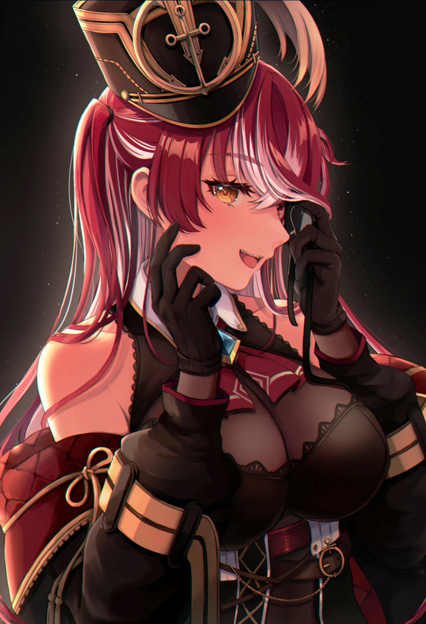 absurdres asymmetrical_hair black_gloves black_hat black_jacket black_leotard black_skirt blush bodystocking breasts cleavage commentary_request female gloves gold_trim grey_hair hair_bun hands_up haohao_chaozu hat heterochromia high-waist_skirt highres hololive houshou_marine houshou_marine_(marching_band) jacket lace-trimmed_leotard lace_trim large_breasts leotard long_hair long_sleeves looking_at_viewer multicolored_hair official_alternate_costume official_alternate_hairstyle one_side_up open_mouth plume red_eyes red_hair see-through see-through_cleavage shako_cap sharp_teeth side_up_bun single_side_bun skirt solo strapless strapless_leotard streaked_hair teeth three_quarter_view two-sided_fabric two-sided_jacket underbust upper_body very_long_hair virtual_youtuber yellow_eyes