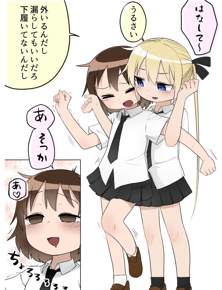 2girls absurdres blonde_hair blue_eyes blush brown_hair fusuma_(suwaru_boom) hair_ribbon highres kill_me_baby long_hair multiple_girls necktie open_mouth oribe_yasuna ribbon school_uniform shirt short_hair skirt sonya_(kill_me_baby) sweat translation_request twintails white_background yuri