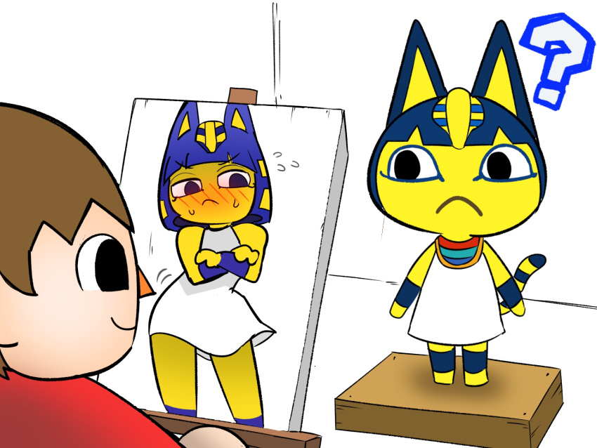 2024 4:3 animal_crossing ankha_(animal_crossing) ankha_zone blush blush_lines brown_hair clothed clothing digital_media_(artwork) domestic_cat duo easel felid feline felis female hair hi_res human male mammal nakineiriko nintendo painting question_mark villager_(animal_crossing) yellow_body