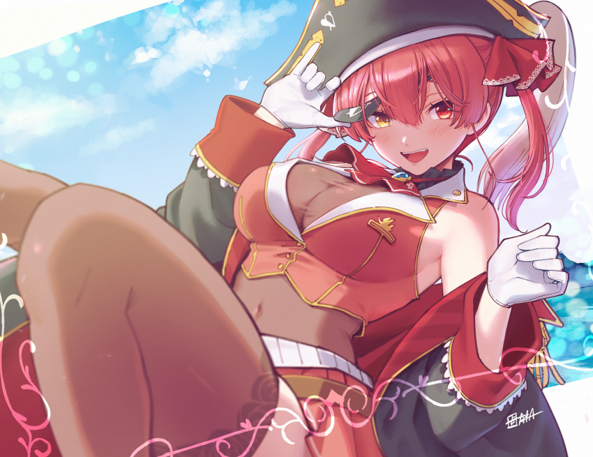 a-ka ascot bare_shoulders belt black_coat black_hat black_leotard black_thighhighs blush breasts brooch brown_belt cleavage coat commentary_request covered_navel cropped_jacket english_text eyepatch eyepatch_lift female gloves gold_trim hat heterochromia highres hololive houshou_marine houshou_marine_(1st_costume) jacket jewelry lace-trimmed_legwear lace-trimmed_thighhighs lace_trim large_breasts leotard leotard_under_clothes looking_at_viewer miniskirt open_mouth pirate_hat pleated_skirt red_ascot red_eyes red_hair red_jacket red_skirt see-through see-through_cleavage see-through_leotard see-through_midriff sharp_teeth skirt sleeveless sleeveless_jacket solo teeth textless_version thighhighs twintails virtual_youtuber white_gloves yellow_eyes