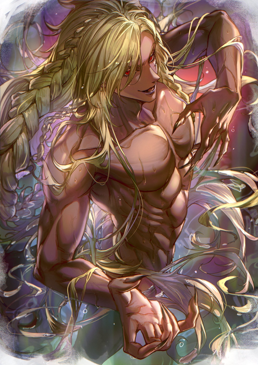 1boy beelzebub_(granblue_fantasy) blonde_hair braid dark-skinned_male dark_skin fhjutqbyjggvvro fingernails granblue_fantasy highres nail_polish nude pectorals red_eyes sharp_fingernails solo