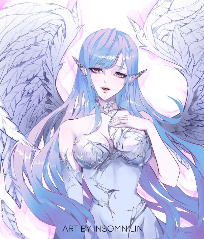 black_eyeliner blue_hair breasts collarbone deviantart_logo dress eyeliner feathered_wings female floating_hair grey_dress hair_behind_ear highres insomnilin long_hair looking_at_viewer makeup medium_breasts open_mouth original pink_eyes pointy_ears smile solo very_long_hair wings