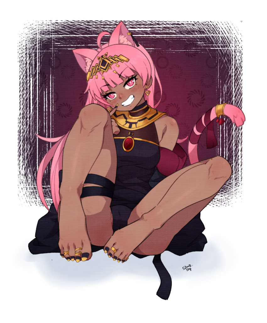 animal_ear_fluff animal_ears bandaged_tail bandages bare_legs bare_shoulders barefoot black_dress black_jacket black_nails blunt_bangs blush cat_ears cat_girl cat_tail circlet colored_tips commission commissioner_upload dark-skinned_female dark_skin dress earrings egyptian egyptian_art egyptian_clothes feet female fingersmile foot_focus gold gold_earrings gold_hairband gold_nails gold_necklace grin hairband hieroglyphics highres implied_pantyshot indie_virtual_youtuber isuress_(vtuber) jacket jewelry legs lingerie long_hair long_sleeves looking_at_viewer multicolored_hair nail_polish naughty_face necklace no_shoes on_floor open_clothes open_jacket ornate oversized_jacket panties pink_eyes pink_hair pink_tail presenting_foot ring ringed_eyes see-through see-through_legwear sharp_toenails simple_background sitting smile smug solo soul_art12 tail tail_ornament thighhighs tiara tight_clothes tight_dress toe_ring toenail_polish toenails toes two-tone_nails underwear usekh_collar virtual_youtuber white_background wide_sleeves