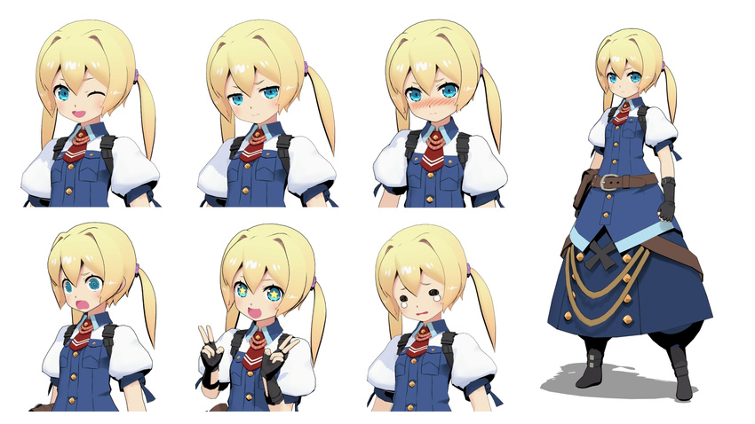 3d blonde_hair blue_eyes blush expressions female fingerless_gloves frederica_irving gloves highres mikumikudance_(medium) multiple_views reference_sheet saboten_(wombat3) sekaiju_no_meikyuu shin_sekaiju_no_meikyuu twintails