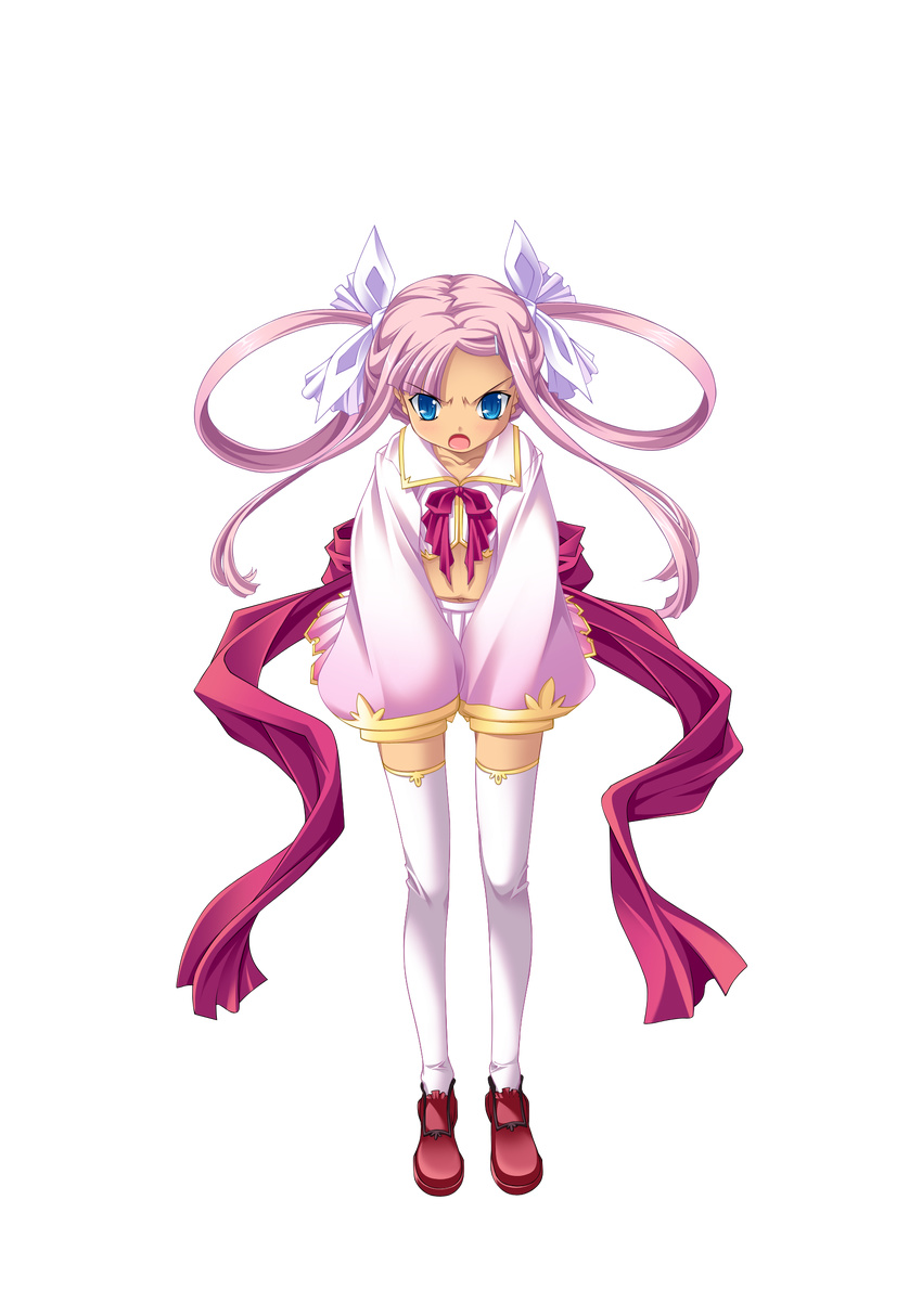 blue_eyes cropped_jacket female full_body highres hikage_eiji koihime_musou leaning_forward long_hair midriff miniskirt navel open_mouth pink_hair ribbon shoes skirt sleeves_past_wrists solo sonshoukou thighhighs transparent_background twintails very_long_hair zettai_ryouiki