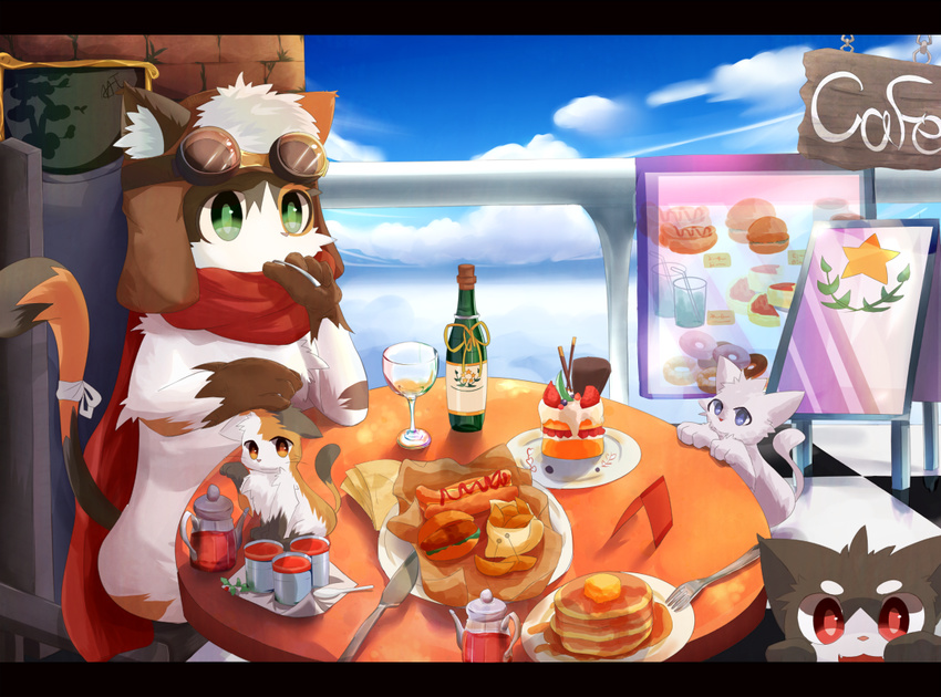 2014 :3 anthro beverage black_body black_fur blue_eyes brown_body brown_fur cafe cake calico_cat cheek_tuft clothing cloud day dessert domestic_cat doughnut eyewear facial_tuft felid feline felis feral food fur green_eyes group hat headgear headwear hot_dog inner_ear_fluff kuromu_(nekojita) male mammal menu menu_board mottled nekojita open_mouth outside pancake pastry piebald red_eyes sandwich_(food) scarf service_menu sign sky smile tuft white_body white_fur