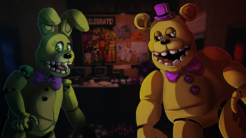 16:9 animatronic anthro bear bow_(feature) bow_tie fiszi five_nights_at_freddy's five_nights_at_freddy's_3 fredbear_(fnaf) group lagomorph leporid machine mammal rabbit robot scottgames spring_bonnie_(fnaf) widescreen