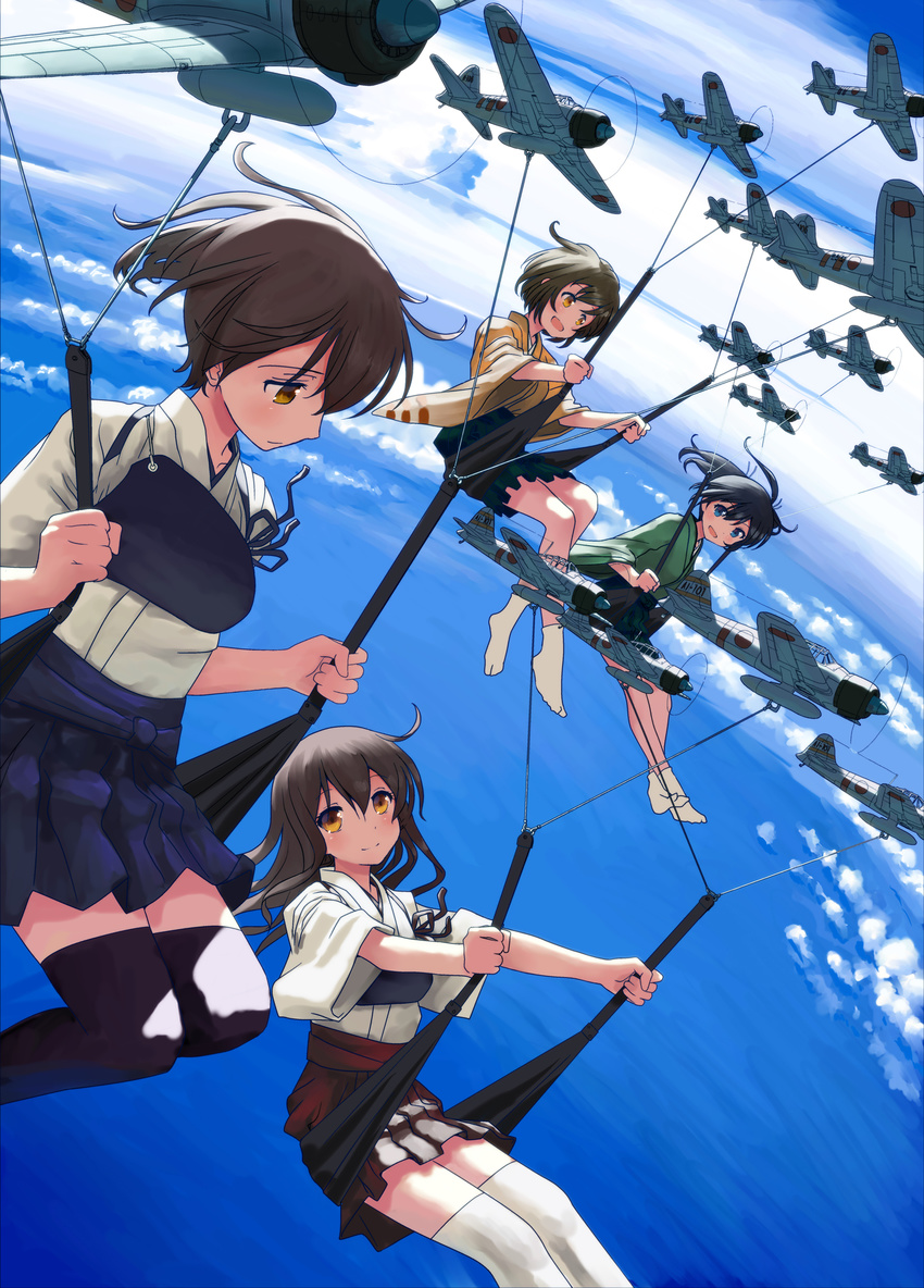 4girls absurdres aircraft airplane akagi_(kancolle) black_hair black_thighhighs blush brown_eyes brown_hair cloud commentary_request day fisheye from_above hair_ribbon highres hiryuu_(kancolle) japanese_clothes kaga_(kancolle) kantai_collection long_hair mocha_(snowflake) multiple_girls muneate ocean photoshop_(medium) ribbon short_hair side_ponytail smile souryuu_(kancolle) tabi thighhighs twintails white_legwear zettai_ryouiki