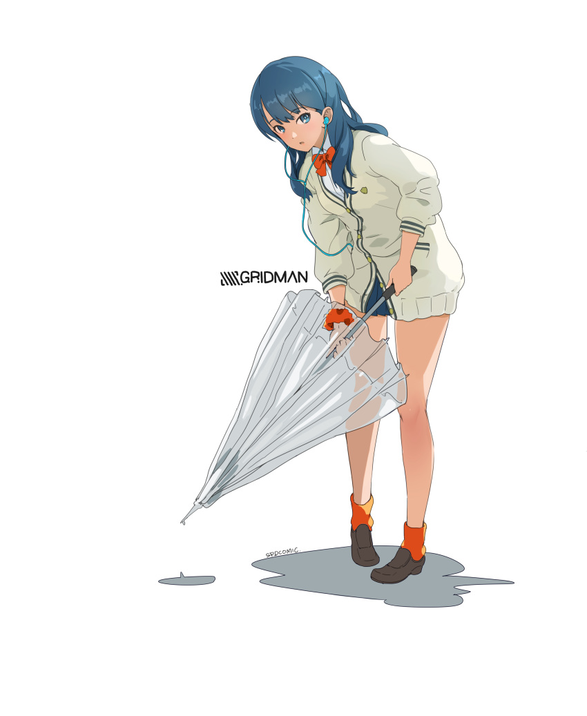 absurdres blue_hair blue_skirt bow bowtie cable cardigan commentary earbuds earphones female full_body gridman_universe highres leaning_forward loafers long_hair long_legs orange_socks pigeon-toed pleated_skirt red_bow school_uniform scrunchie shoes skirt socks solo ssss.gridman standing supandaman takarada_rikka umbrella white_cardigan