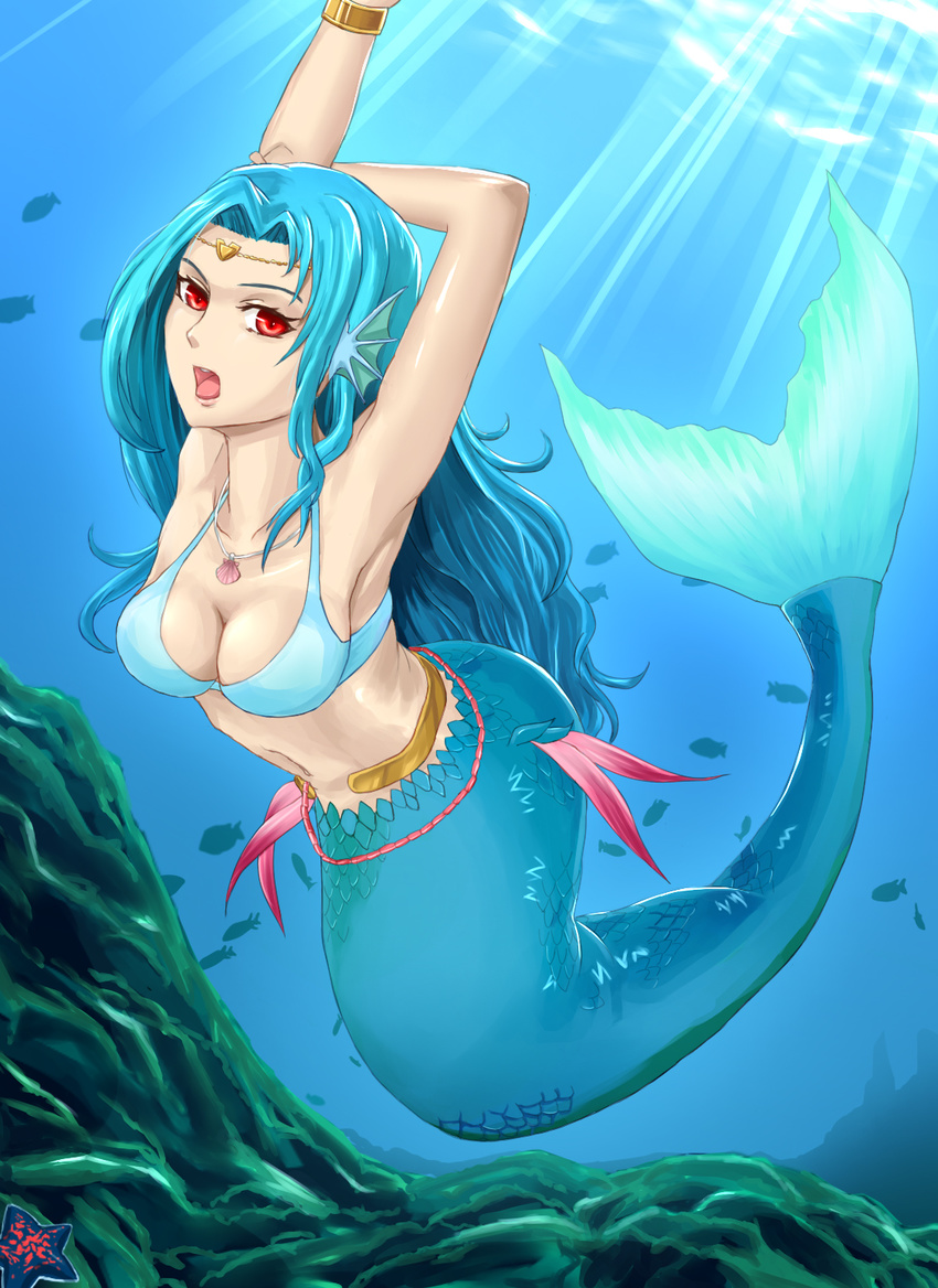 armpits arms_behind_head arms_up bad_id bad_pixiv_id bikini bikini_top_only blue_hair bracelet breasts circlet cleavage female fins fish head_fins highres jewelry light_rays long_hair looking_at_viewer medium_breasts mermaid monster_girl navel necklace open_mouth original pazuzu438 photoshop_(medium) red_eyes scales seashell shell solo starfish sunbeam sunlight swimsuit underwater