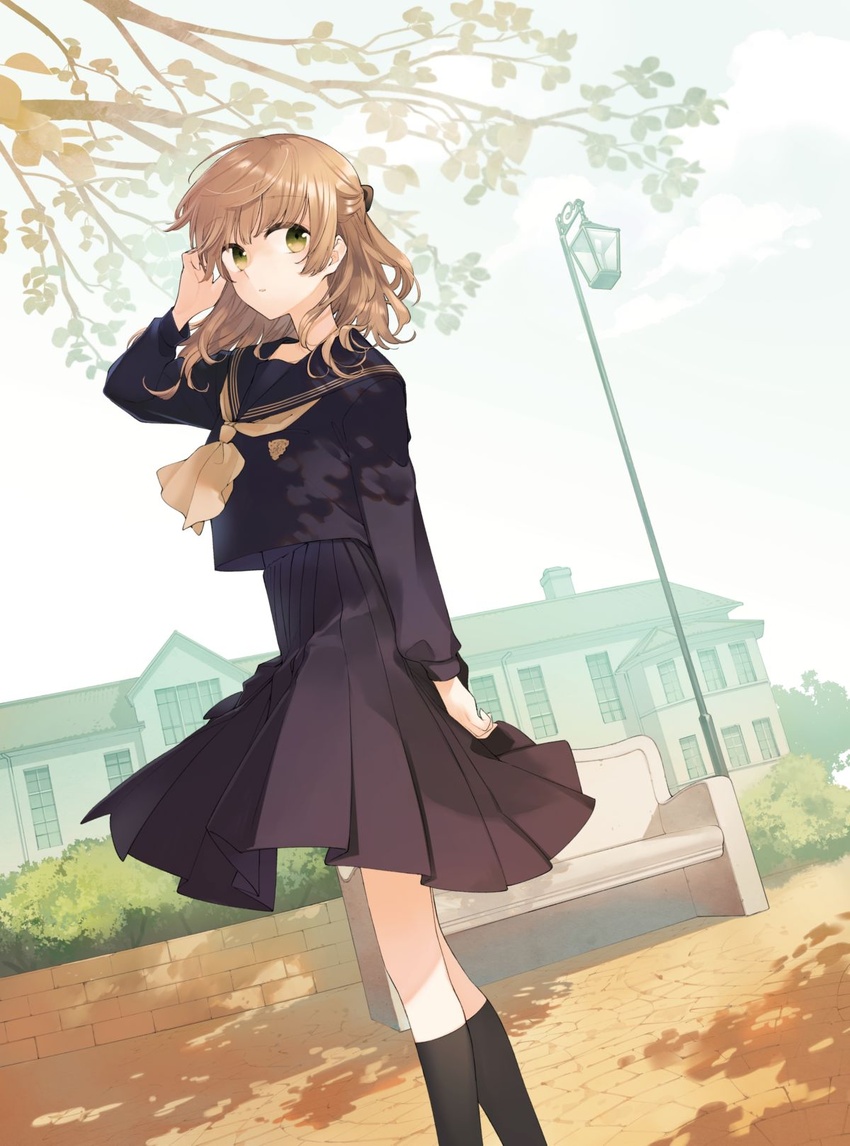 arm_at_side black_serafuku black_socks brown_hair brown_neckerchief closed_mouth cover_image feet_out_of_frame female highres kneehighs lamppost leaf long_sleeves medium_hair nakatani_nio neckerchief official_art outdoors saeki_sayaka sailor_collar school_uniform serafuku sideways_glance socks solo third-party_source yagate_kimi_ni_naru yagate_kimi_ni_naru:_saeki_sayaka_ni_tsuite