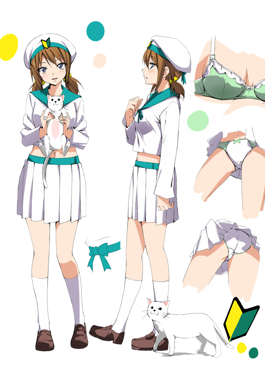 animal batsubyou blue_eyes bow bow_bra bra breasts brown_hair clothes_lift color_guide commentary_request error_musume feline female girl_holding_a_cat_(kancolle) green_bra hair_ribbon hat highres holding holding_animal humanization kantai_collection looking_at_viewer medium_breasts midriff multiple_views navel open_mouth panties pantyshot ribbon sailor school_uniform serafuku shoshinsha_mark shounan_ruizu skirt skirt_lift twintails underwear white_panties