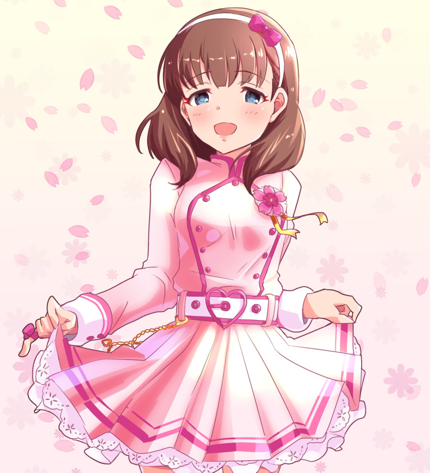 belt blue_eyes blush breasts brown_hair cherry_blossoms commentary_request cowboy_shot dress female finger_ribbon floral_background flower hair_ribbon hairband highres idolmaster idolmaster_cinderella_girls kira!_mankai_smile_(idolmaster) lace lace-trimmed_dress lace_trim long_sleeves looking_at_viewer medium_breasts nanananananasea open_mouth petals pink_background pink_dress ribbon sakuma_mayu short_hair skirt skirt_hold smile solo standing