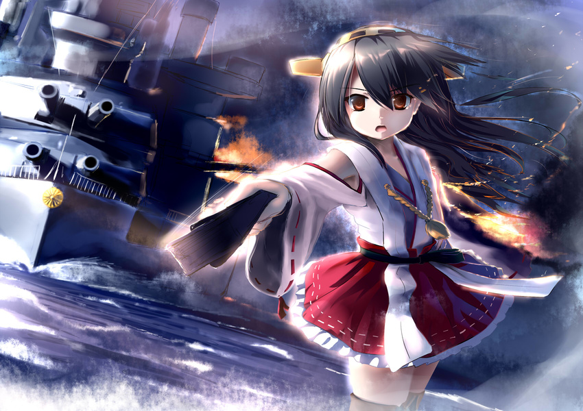 battleship black_hair cannon commentary_request detached_sleeves female fire hairband haruna_(battleship) haruna_(kancolle) highres japanese_clothes kantai_collection long_hair military military_vehicle open_mouth red_eyes ribbon-trimmed_sleeves ribbon_trim ship smoke solo tsubasa_(abchipika) vehicle_and_personification warship watercraft