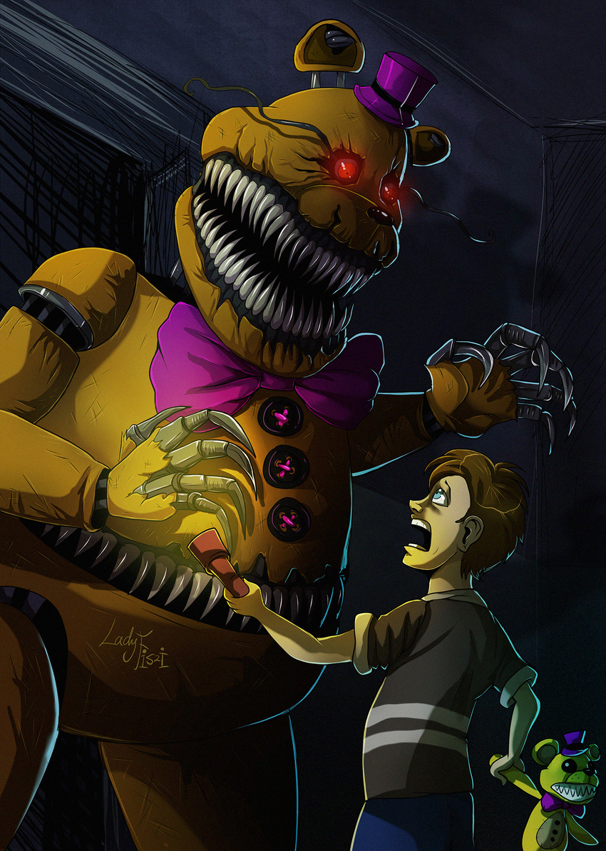 animatronic anthro bear bow_(feature) bow_tie fiszi five_nights_at_freddy's five_nights_at_freddy's_4 flashlight fredbear_(fnaf) glowing glowing_eyes group hair hi_res human lagomorph lolicon machine male mammal nightmare_fredbear_(fnaf) plushie red_eyes robot scottgames young