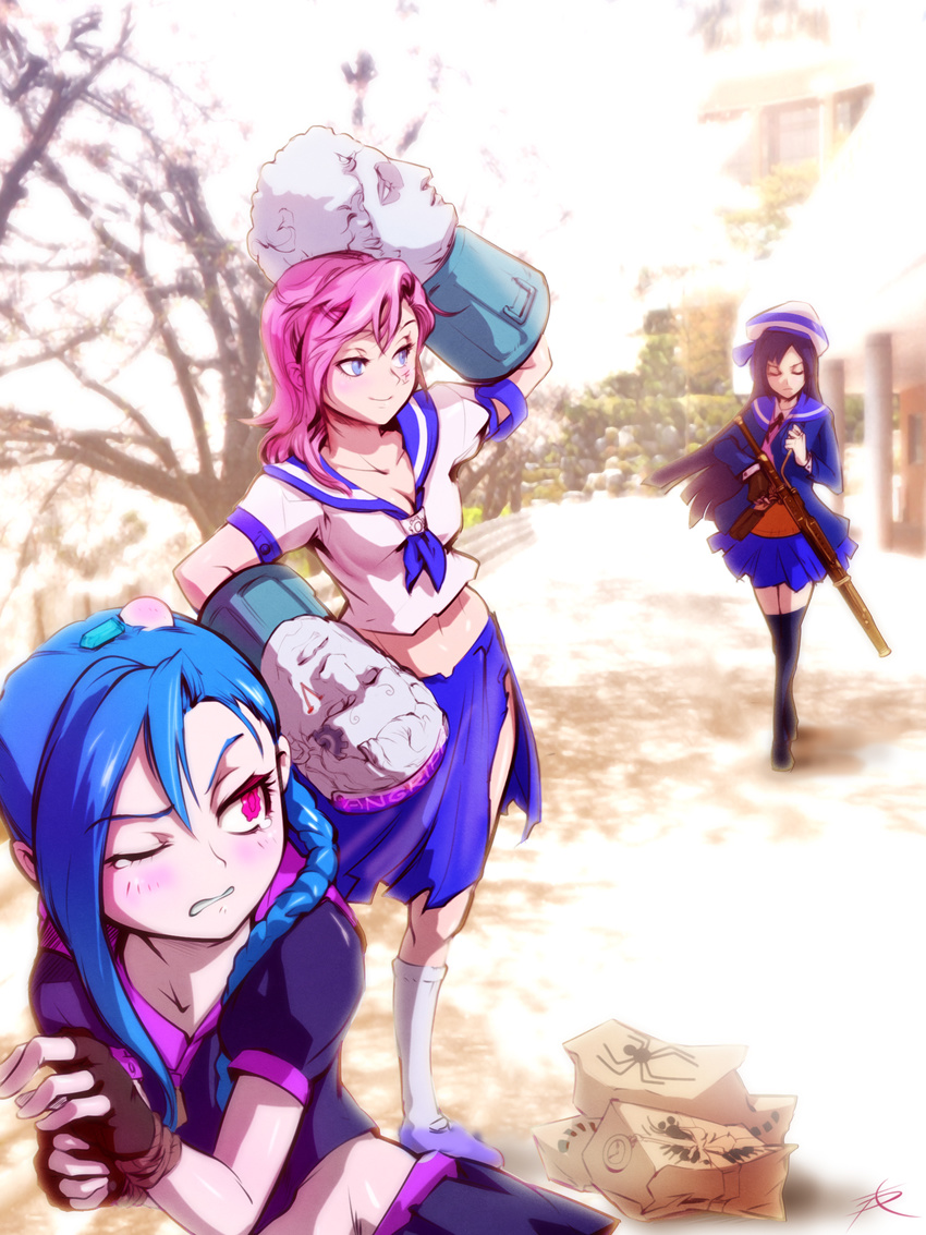 3girls alternate_costume black_hair blue_eyes blue_hair blurry braid caitlyn_(league_of_legends) clenched_teeth closed_eyes commentary_request contemporary depth_of_field highres jinx_(league_of_legends) korean_commentary league_of_legends long_hair midriff miniskirt multiple_girls navel one_eye_closed phantom_ix_row photoshop_(medium) pink_eyes pink_hair school_uniform school_yard serafuku serious short_hair skirt teeth twin_braids vi_(league_of_legends)