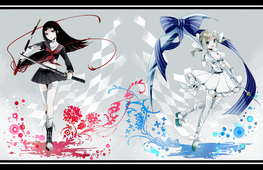 2girls bandages bati15 black_hair blonde_hair blue_eyes bow breasts checkered cleavage commentary_request drill_hair katana long_hair medium_breasts multiple_girls navel open_mouth original red_eyes ribbon school_uniform scythe serafuku sheath sword thighhighs twin_drills twintails weapon white_legwear