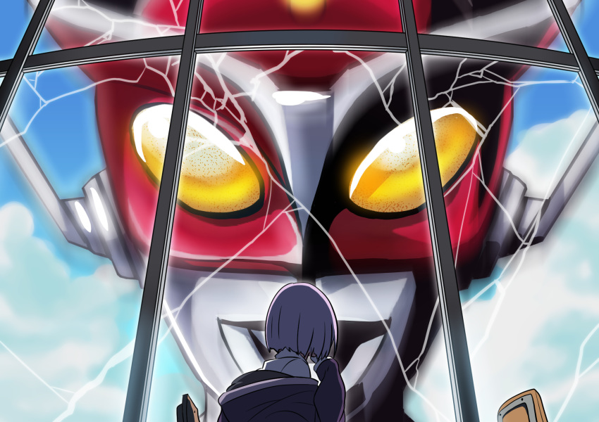 bangs blunt_bangs bob_cut chair company_connection crossover female giant helmet highres looking_at_another parody pun redman redman_(character) school_uniform shinjou_akane ssss.gridman tk8d32 tsuburaya_productions window