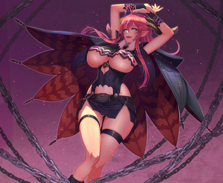 antenna_hair arms_up asmodeus_(the_seven_deadly_sins) belt blush breasts cape chains commentary_request covered_nipples damegane demon_girl fangs female green_eyes highres horns large_breasts long_hair navel open_mouth pencil_skirt pink_hair pointy_ears skirt solo the_seven_deadly_sins thigh_strap underboob