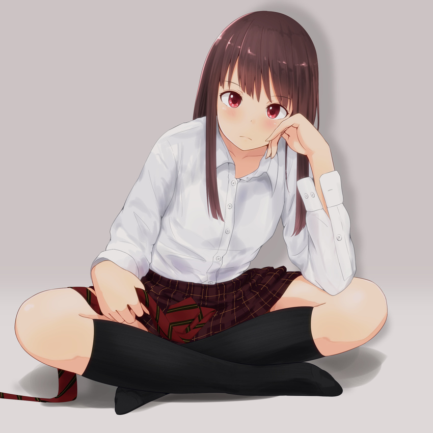 bad_id bad_pixiv_id banned_artist black_hair highres indian_style long_hair minagiku necktie necktie_removed original plaid plaid_skirt red_eyes school_uniform sitting skirt solo uniform