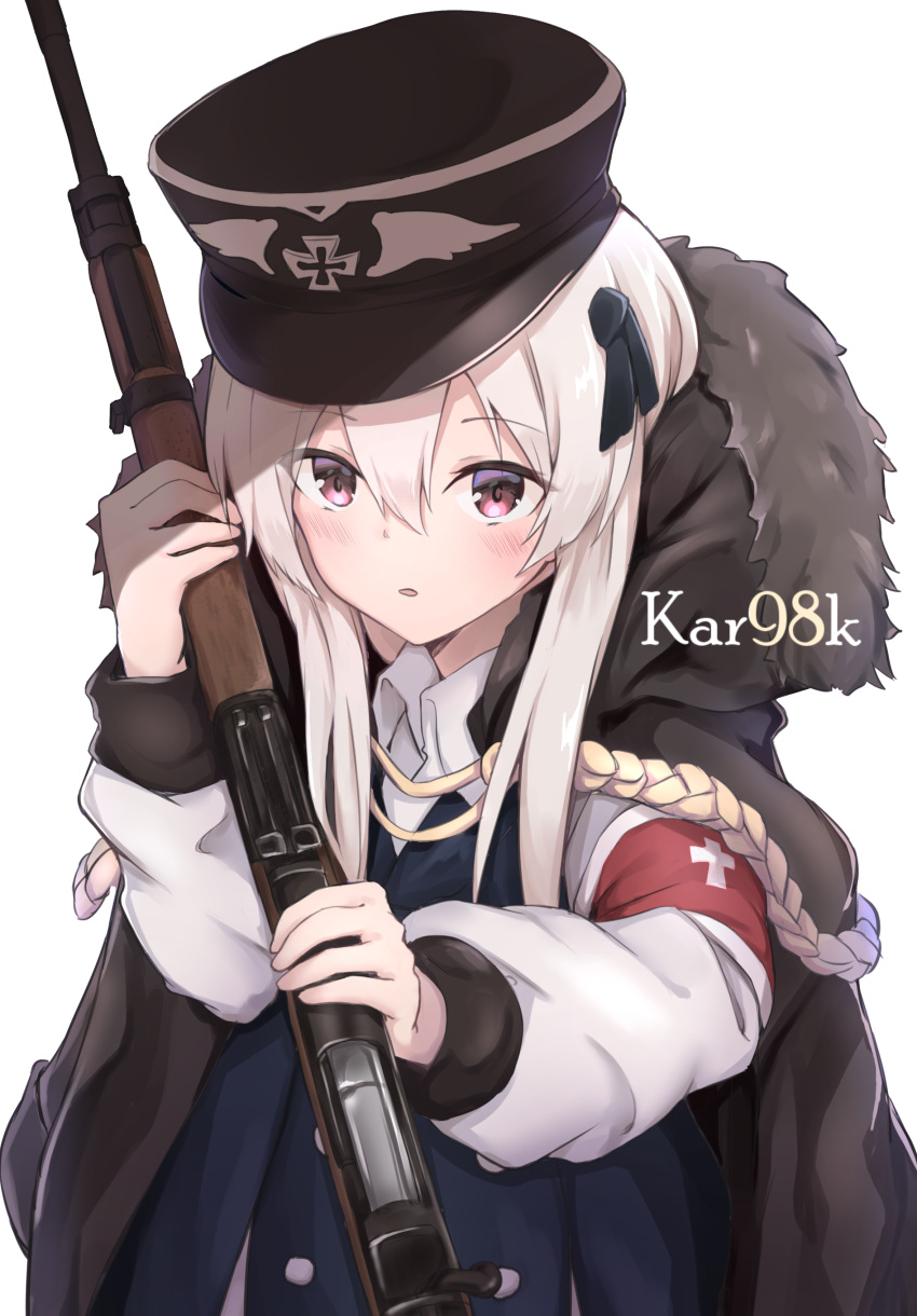 absurdres armband black_ribbon blue_jacket blush bolt_action brown_hat brown_jacket character_name collared_shirt commentary cross female fur-trimmed_jacket fur_trim girls'_frontline gun hair_between_eyes hair_ribbon hand_up hat highres holding holding_gun holding_weapon iron_cross jacket jacket_on_shoulders kar98k_(girls'_frontline) ky_(ky990533) long_hair long_sleeves looking_at_viewer mauser_98 military_hat name_connection object_namesake parted_lips peaked_cap red_eyes ribbon rifle shirt simple_background solo weapon white_background white_hair white_shirt