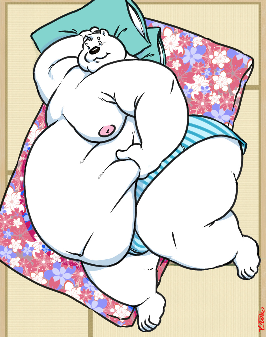 anthro bear bed belly belly_overhang big_belly boxers_(clothing) clothed clothing furniture hi_res love_handle male mammal mattress obese obese_anthro obese_male overweight overweight_anthro overweight_male pillow polar_bear simple_background solo tkc2021 topless underwear ursine