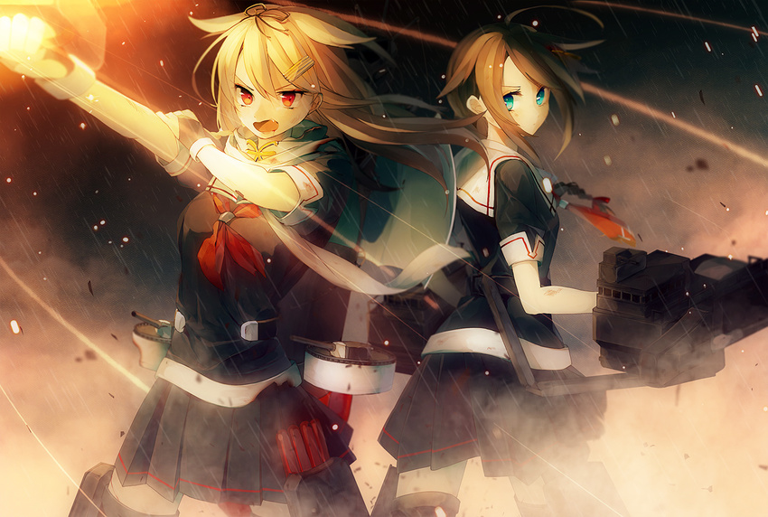 ahoge banned_artist black_hair black_serafuku black_skirt blonde_hair blue_eyes braid gloves hair_ornament hairclip kantai_collection long_hair multiple_girls open_mouth pleated_skirt red_eyes remodel_(kantai_collection) sayori_(oskn) scarf school_uniform serafuku shigure_(kantai_collection) short_sleeves skirt turret uniform white_scarf yuudachi_(kantai_collection)