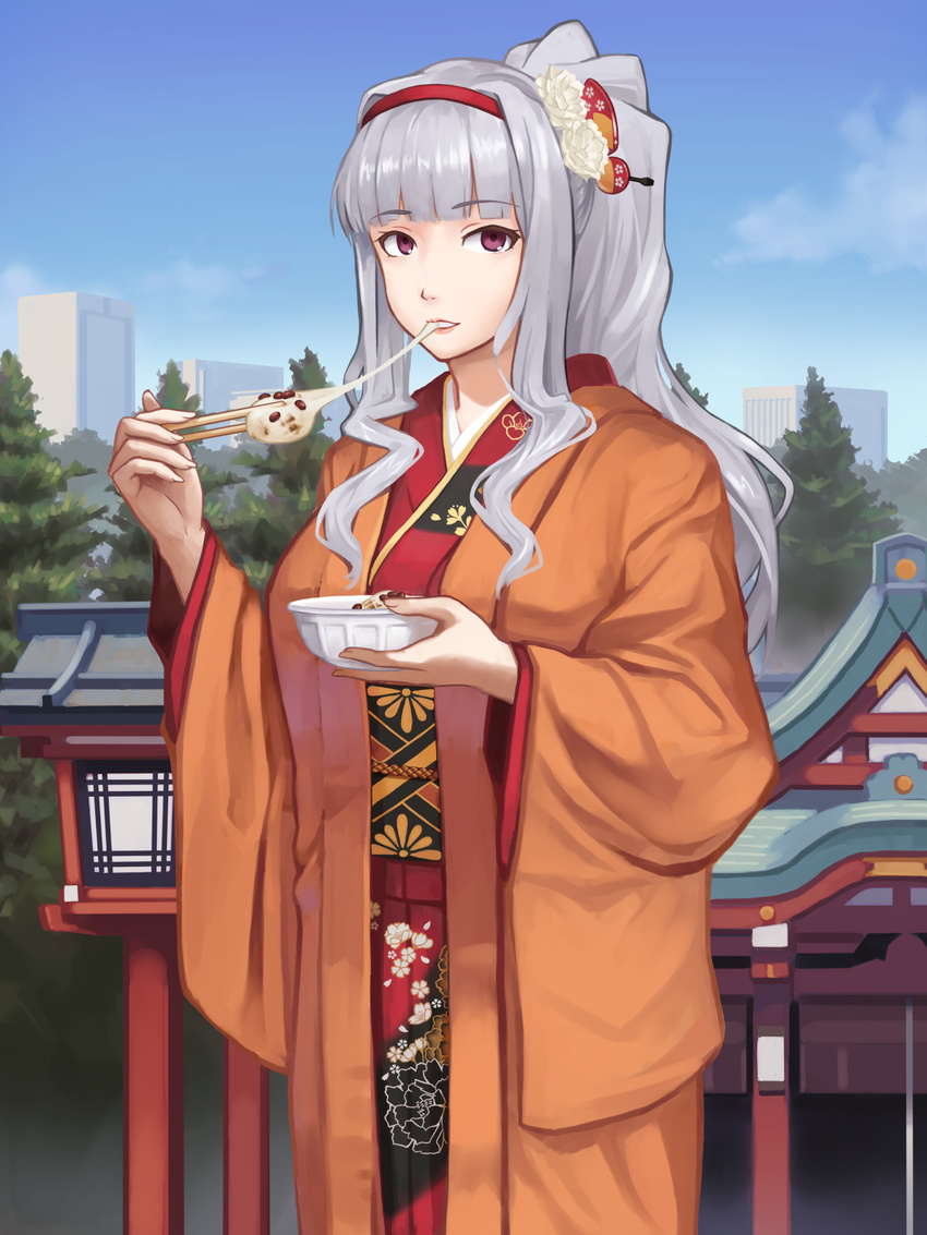 bad_id bad_pixiv_id bowl building chopsticks cloud commentary_request day eating female floral_print flower grey_hair hair_flower hair_ornament hairband highres holding idolmaster idolmaster_(classic) japanese_clothes kimono long_hair long_sleeves looking_at_viewer mikado_(winters) outdoors parted_lips partial_commentary ponytail red_eyes revision shijou_takane shiruko_(food) shrine sky solo tree wide_sleeves