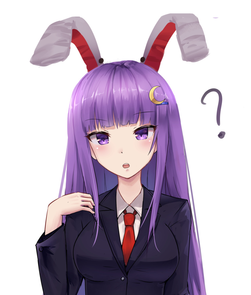 ? alternate_costume animal_ears blunt_bangs blush breasts collared_shirt commentary_request cosplay crescent crescent_hair_ornament danraz0r female hair_ornament highres long_hair looking_at_viewer medium_breasts necktie open_mouth patchouli_knowledge purple_eyes purple_hair rabbit_ears red_necktie reisen_udongein_inaba reisen_udongein_inaba_(cosplay) school_uniform shirt simple_background solo spoken_question_mark touhou upper_body very_long_hair white_background