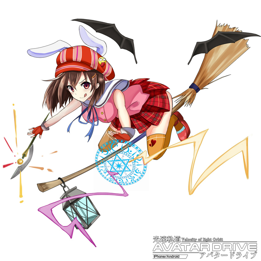 animal_ears ascot bat_wings broom broom_riding brown_hair commentary_request copyright_name detached_wings female full_body hat highres kousoku_kidou_avatar_drive lantern magic_circle mary_janes okutomi_fumi rabbit_ears red_eyes shoes skirt solo thighhighs tongue watermark white_background wings